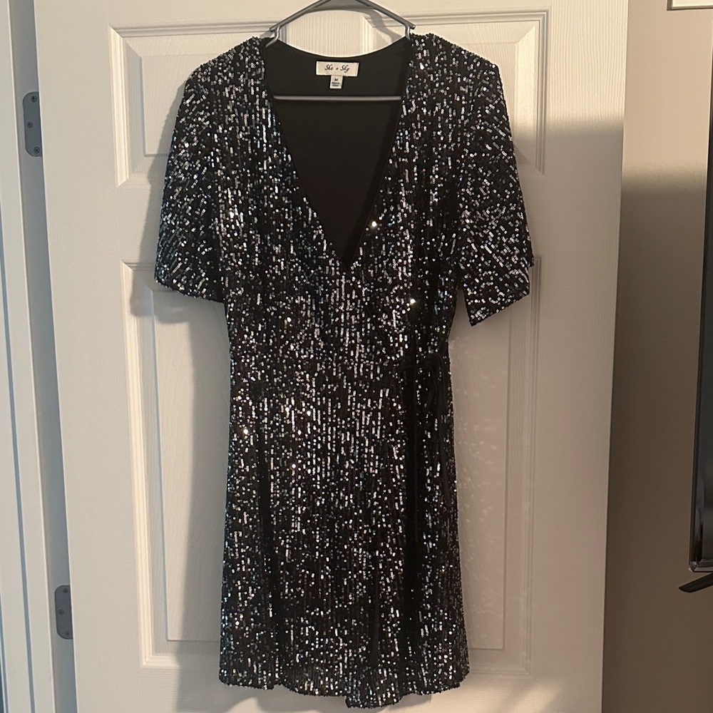 She and Sky Black and Silver Sequin wrap Mini Dress